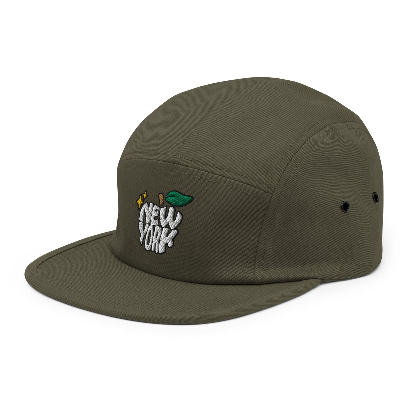 New York Apple Logo Embroidered Olive Five Panel Hat Scattered Streetwear