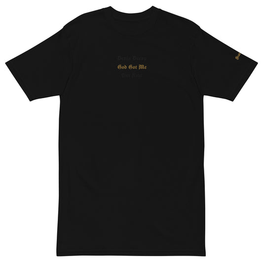 God Got Me - Single Embroidered Premium and DTG Printed Crewneck T-Shirt by Denis Deezy Scattered