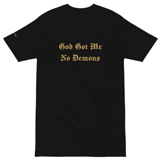 God Got Me - Single Embroidered Premium and DTG Printed Crewneck T-Shirt by Denis Deezy Scattered