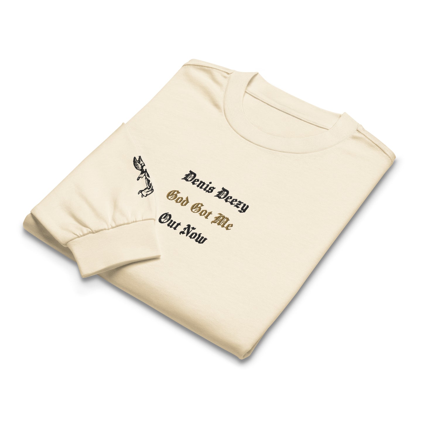 God Got Me - Single Embroidered and Printed Premium Heavyweight Long Sleeve Shirt by Denis Deezy Scattered