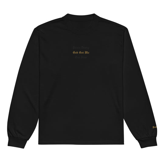 God Got Me - Single Embroidered and Printed Premium Heavyweight Long Sleeve Shirt by Denis Deezy Scattered
