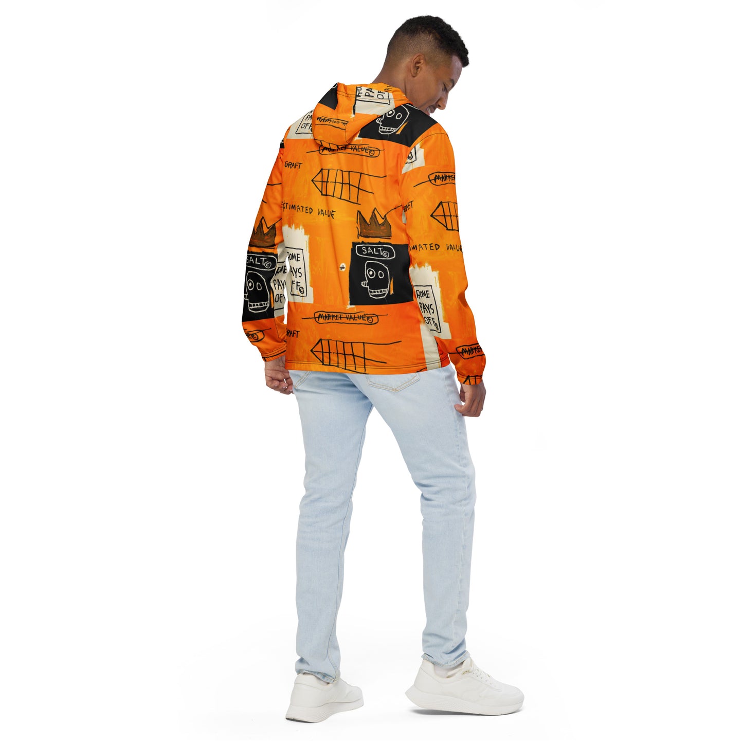 Jean-Michel Basquiat "Rome Pays Off" Artwork Printed Premium Orange Windbreaker Jacket Scattered 