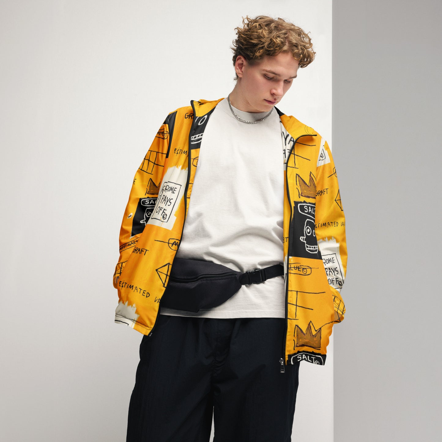 Jean-Michel Basquiat "Rome Pays Off" Artwork Printed Premium Orange Windbreaker Jacket Scattered 