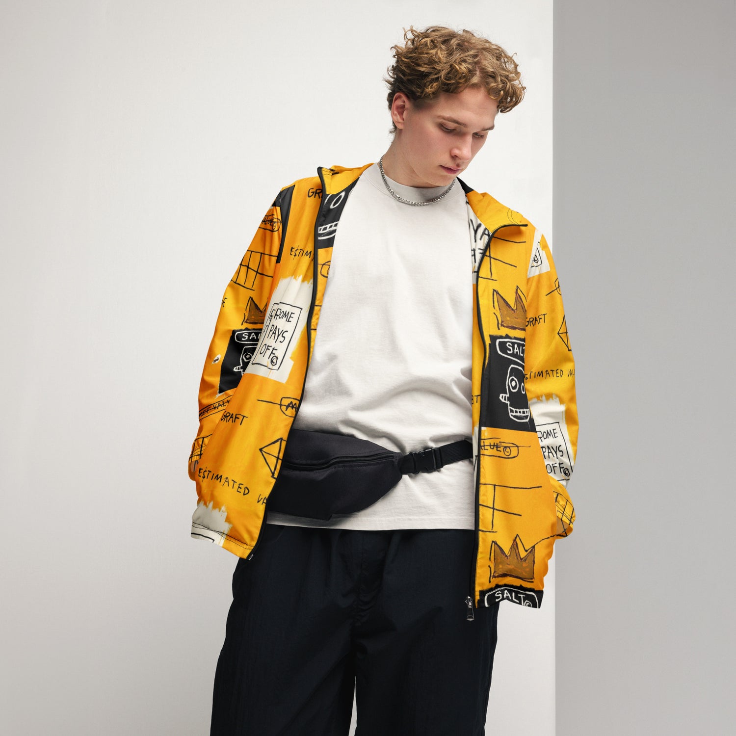 Jean-Michel Basquiat "Rome Pays Off" Artwork Printed Premium Orange Windbreaker Jacket Scattered 