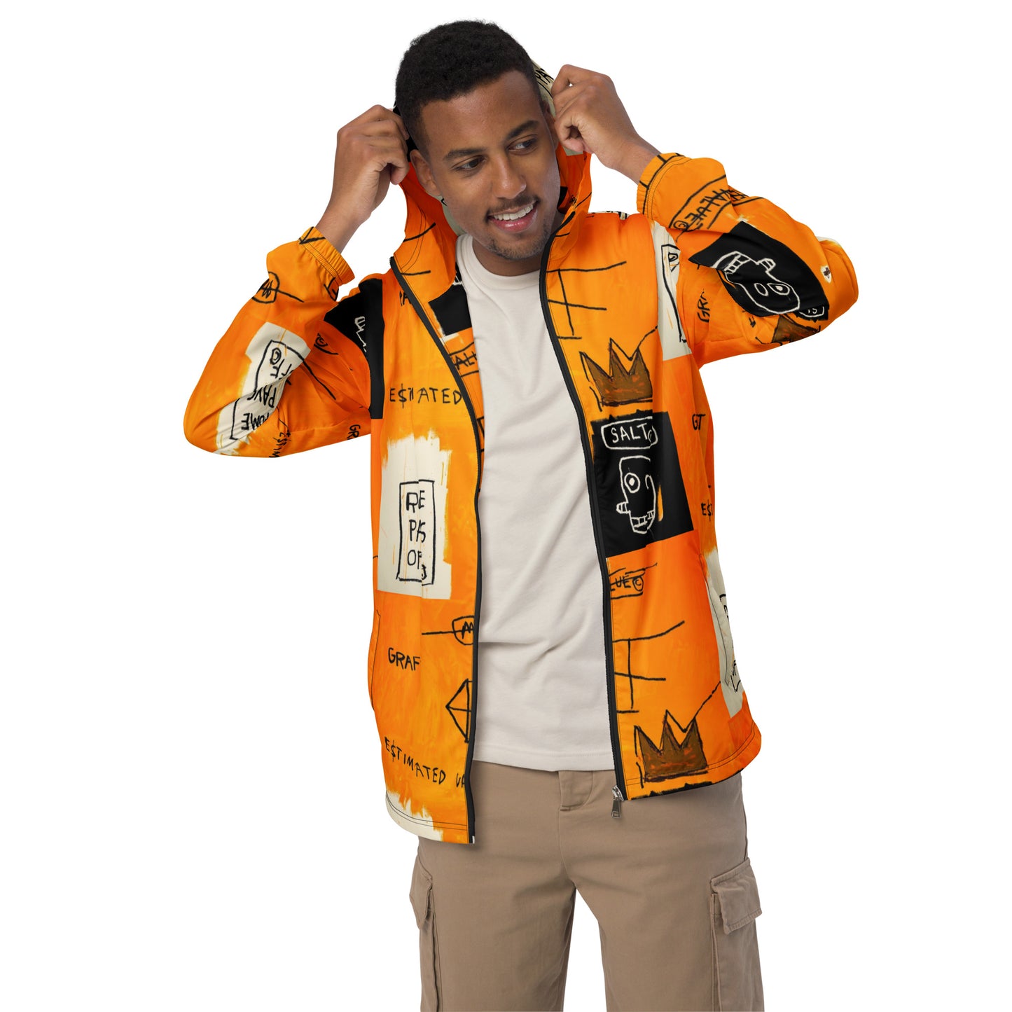 Jean-Michel Basquiat "Rome Pays Off" Artwork Printed Premium Orange Windbreaker Jacket Scattered 