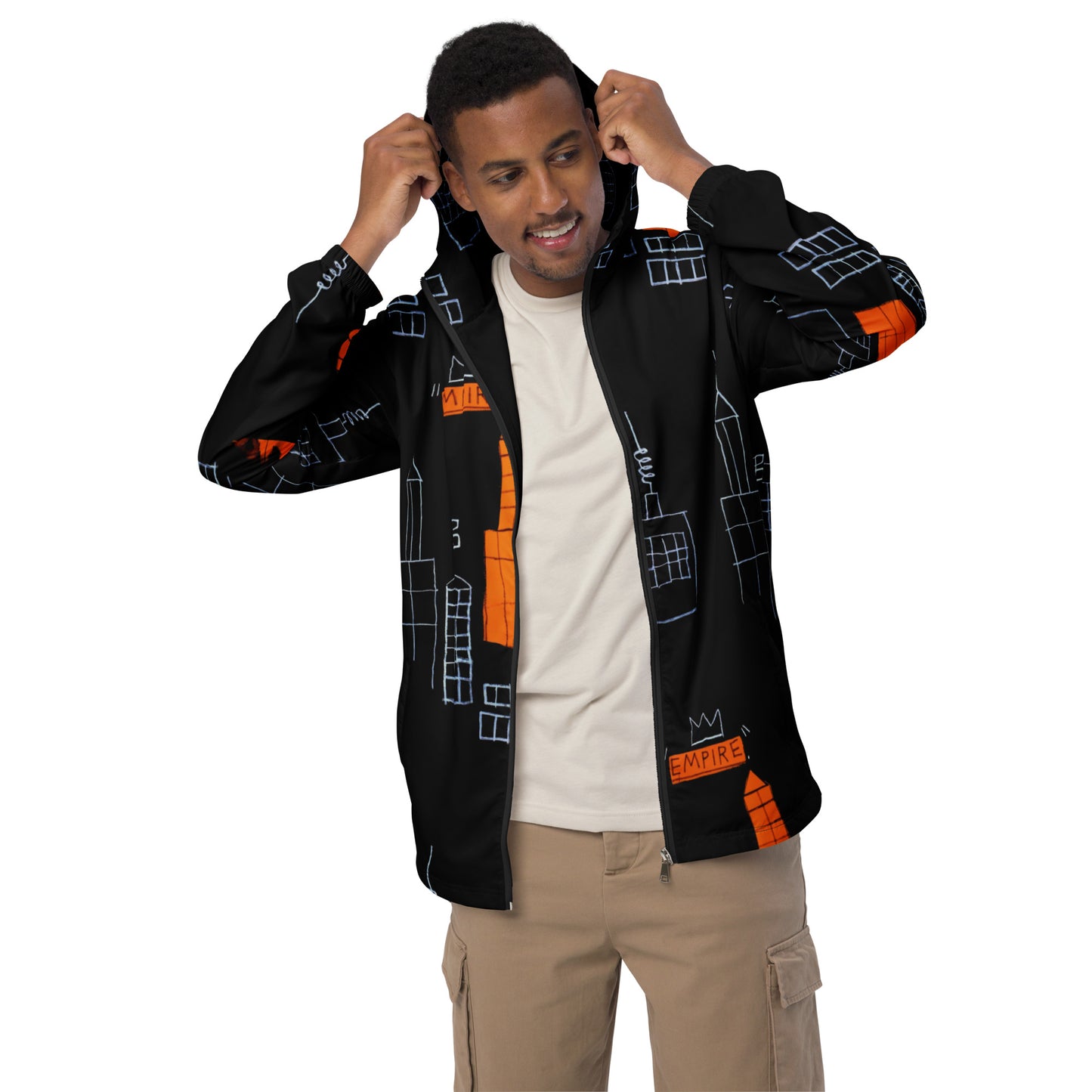 Jean-Michel Basquiat "Mecca" Artwork Printed Premium Black and Orange Windbreaker Jacket Scattered