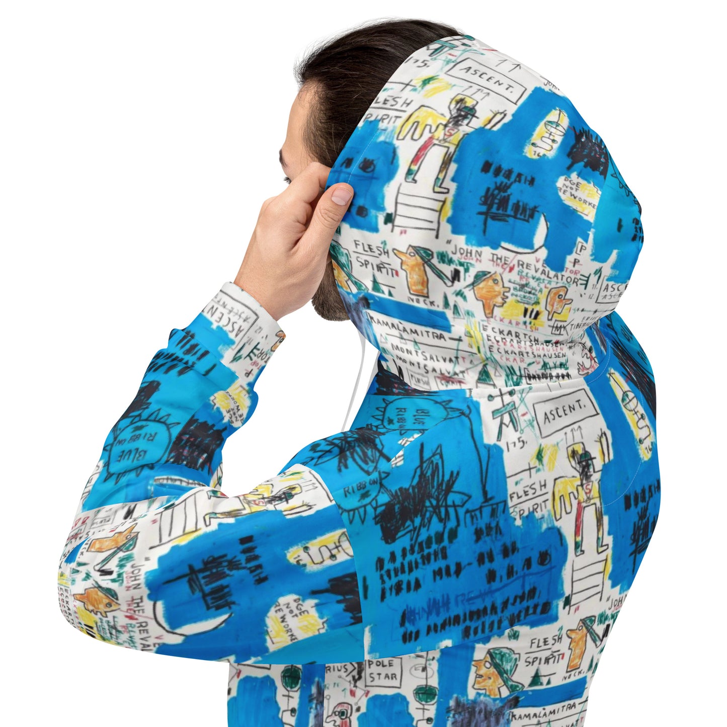 Jean-Michel Basquiat "Ascent" Artwork All Over Printed White and Blue Sweatshirt Hoodie Scattered Streetwear