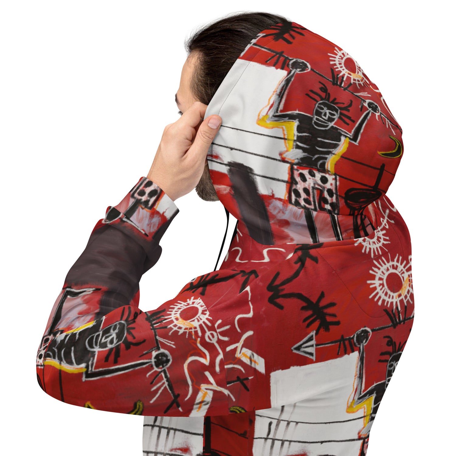 Jean-Michel Basquiat "The Ring" Artwork All Over Printed Red and Black Sweatshirt Hoodie Scattered Streetwear