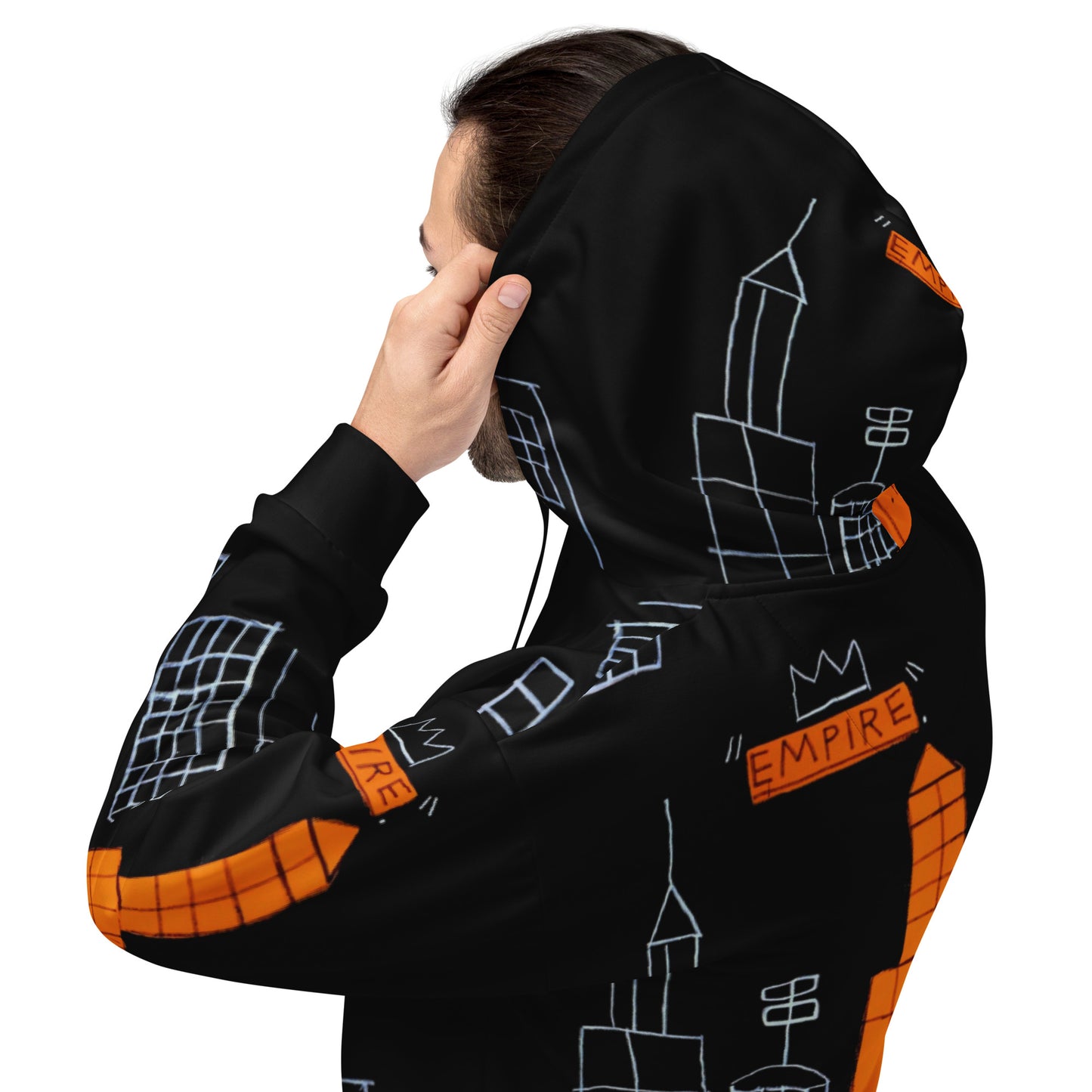 Jean-Michel Basquiat "Mecca" Artwork All Over Printed Black and Orange Sweatshirt Hoodie Scattered Streetwear