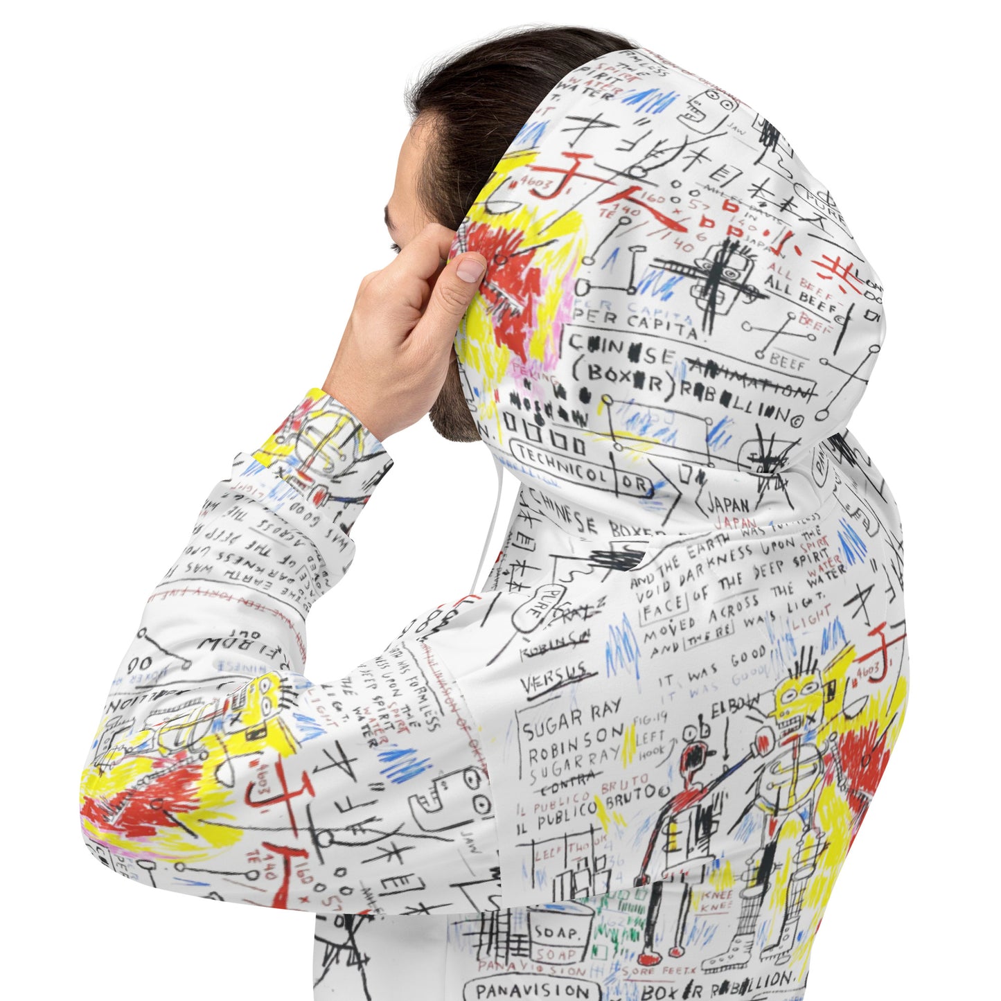 Jean-Michel Basquiat "Boxer Rebellion" Artwork All Over Printed White Sweatshirt Hoodie Scattered Streetwear