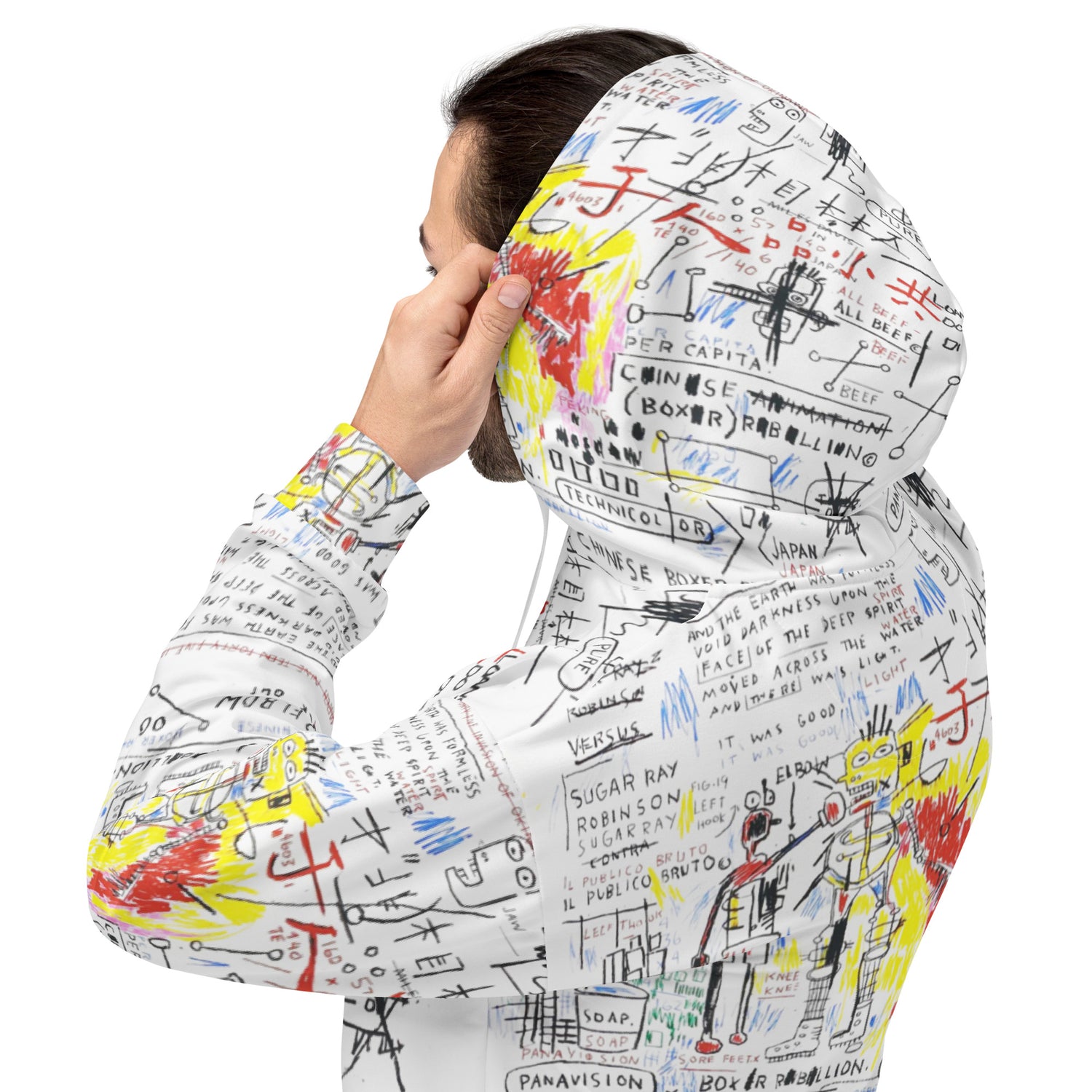 Jean-Michel Basquiat "Boxer Rebellion" Artwork All Over Printed White Sweatshirt Hoodie Scattered Streetwear