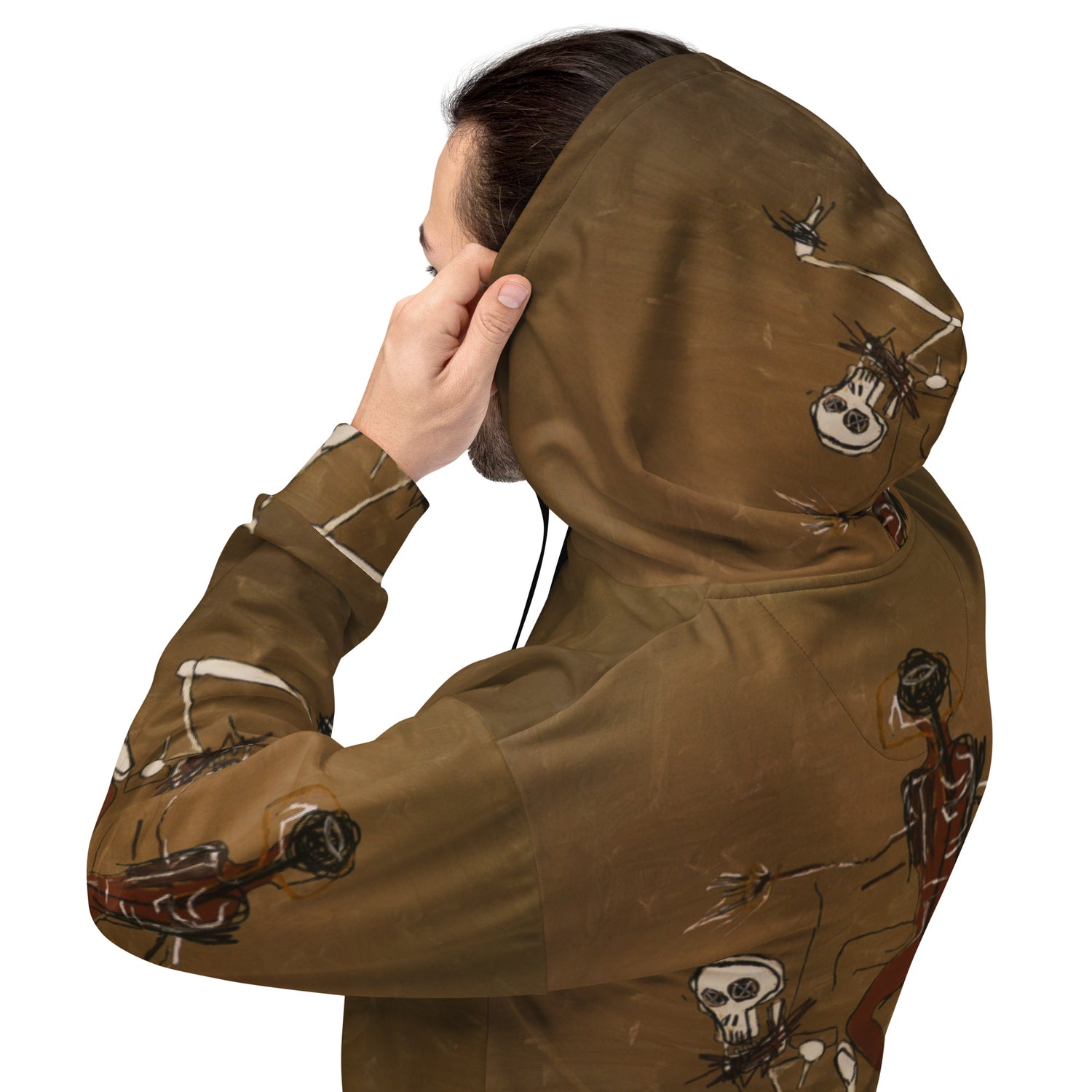 Jean-Michel Basquiat "Riding With Death" Artwork All Over Printed Brown Sweatshirt Hoodie Scattered Streetwear