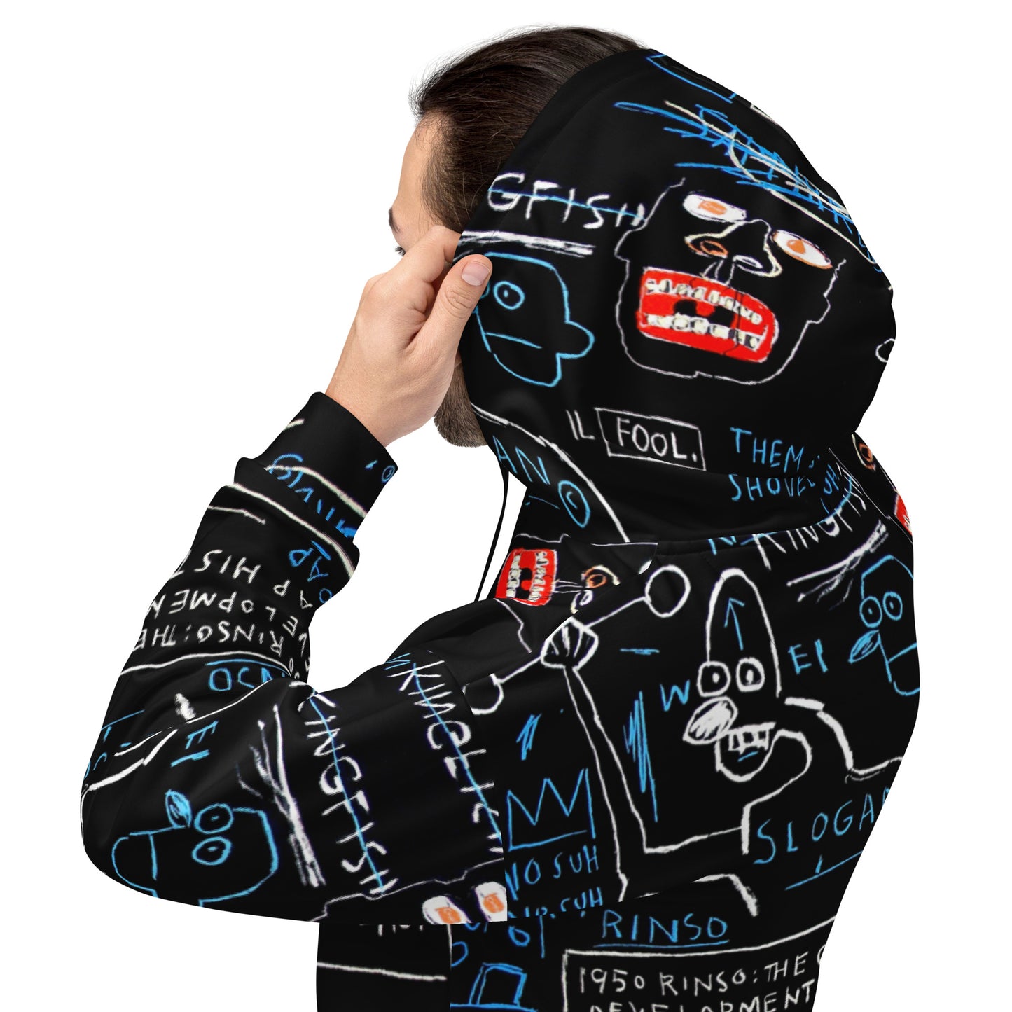 Jean-Michel Basquiat "Rinso" Artwork All Over Printed Black and Blue Sweatshirt Hoodie Scattered Streetwear