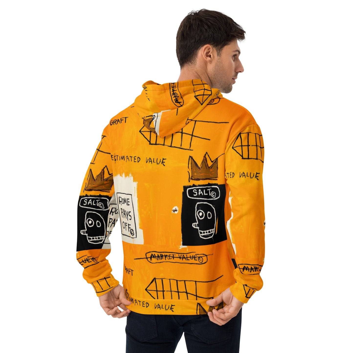 Jean-Michel Basquiat "Rome Pays Off" Artwork Printed Sweatshirt Orange Hoodie Scattered Streetwear