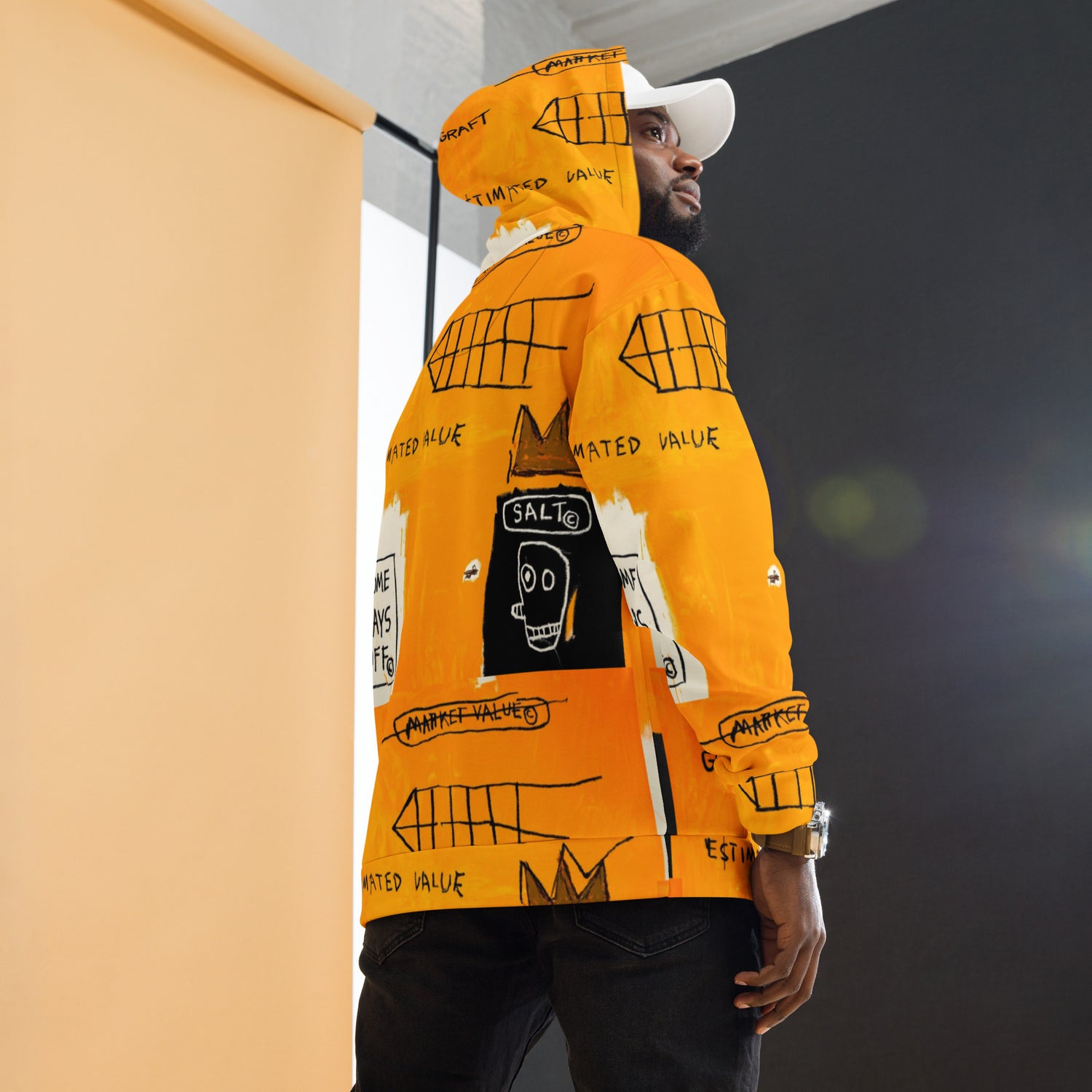 Jean-Michel Basquiat "Rome Pays Off" Artwork Printed Sweatshirt Orange Hoodie Scattered Streetwear