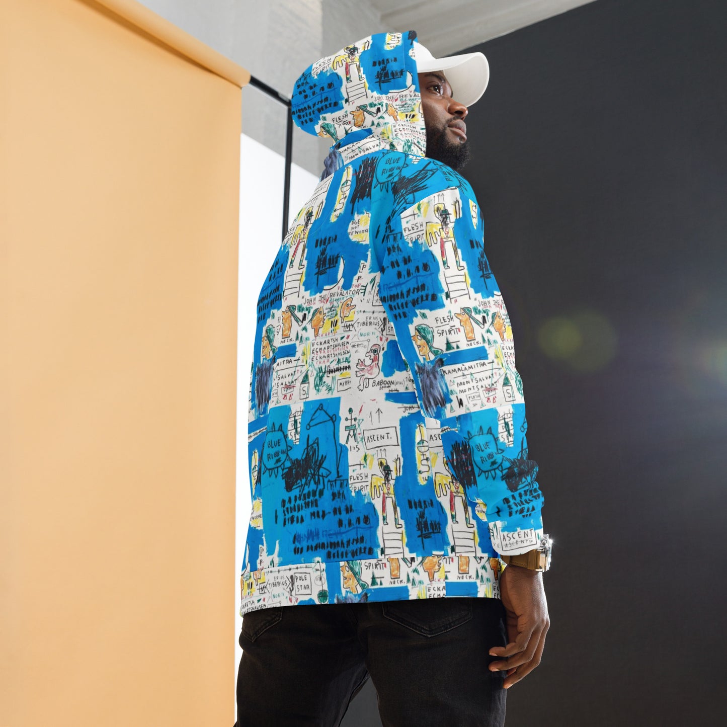 Jean-Michel Basquiat "Ascent" Artwork All Over Printed White and Blue Sweatshirt Hoodie Scattered Streetwear