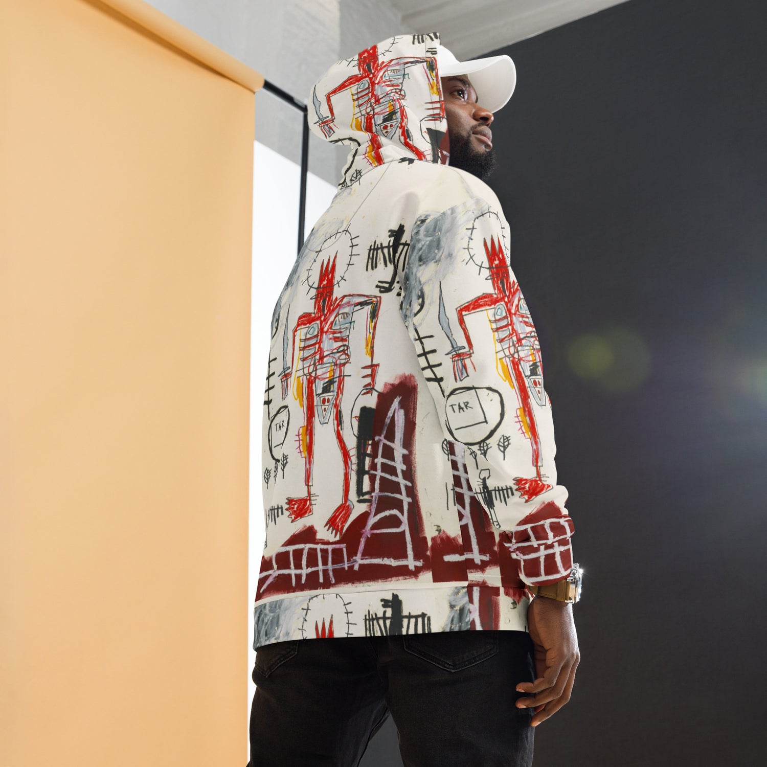 Jean-Michel Basquiat "Untitled" Artwork All Over Printed White and Red Sweatshirt Hoodie Scattered Streetwear