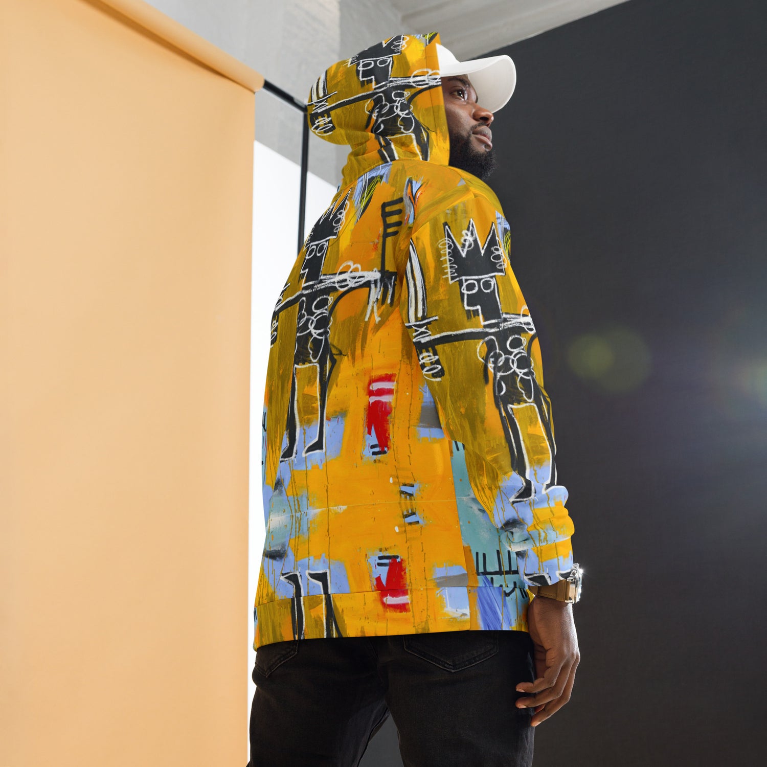 Jean-Michel Basquiat "Julius Caesar on Gold" Artwork All Over Printed Yellow Sweatshirt Hoodie Scattered Streetwear