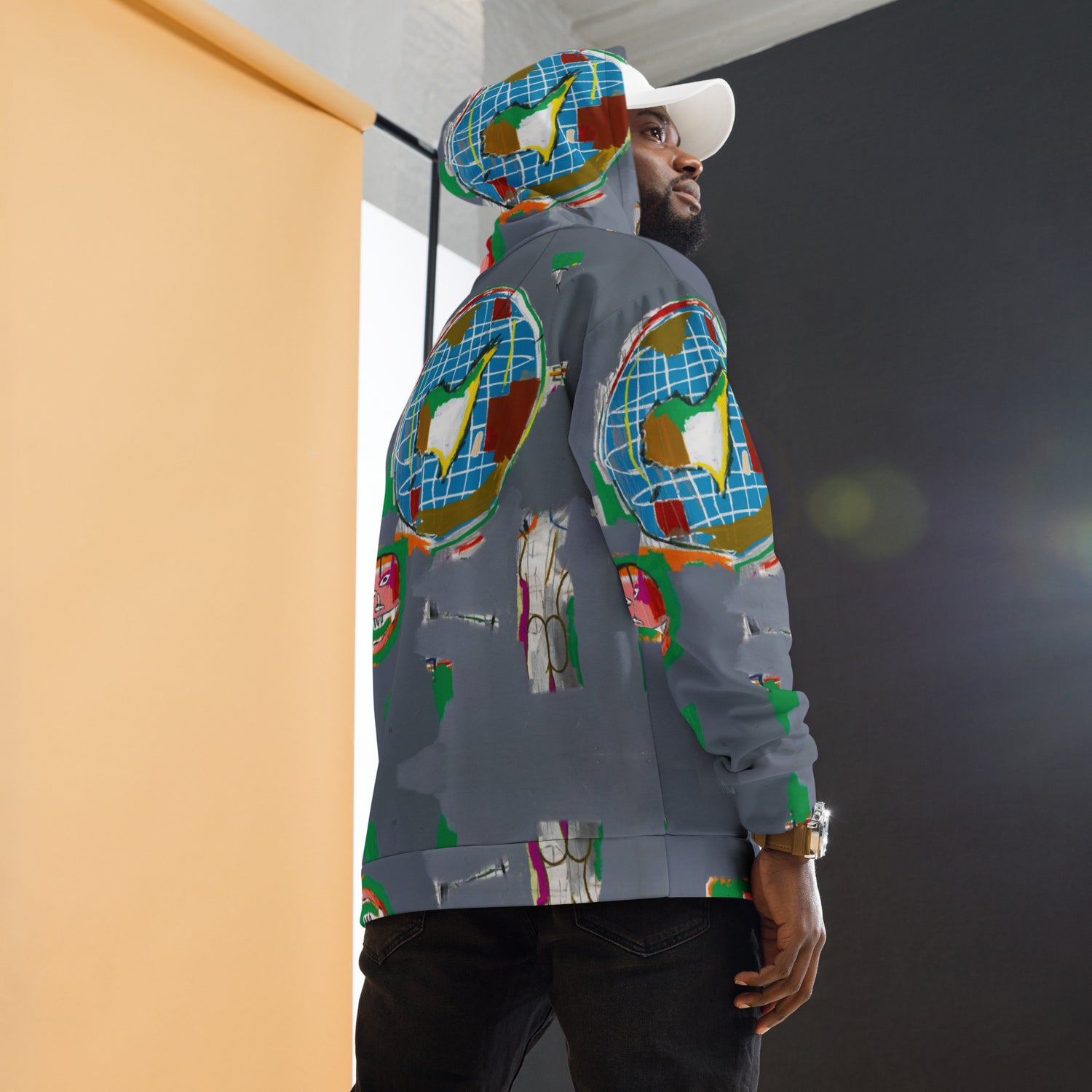 Jean-Michel Basquiat "At Large" Globe Artwork All Over Printed Grey Sweatshirt Hoodie Scattered Streetwear