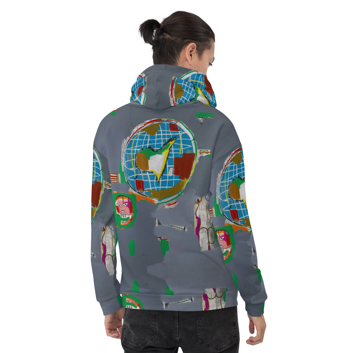 Jean-Michel Basquiat "At Large" Globe Artwork All Over Printed Grey Sweatshirt Hoodie Scattered Streetwear