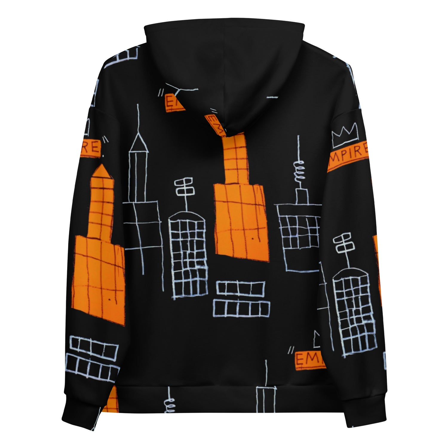 Jean-Michel Basquiat "Mecca" Artwork All Over Printed Black and Orange Sweatshirt Hoodie Scattered Streetwear