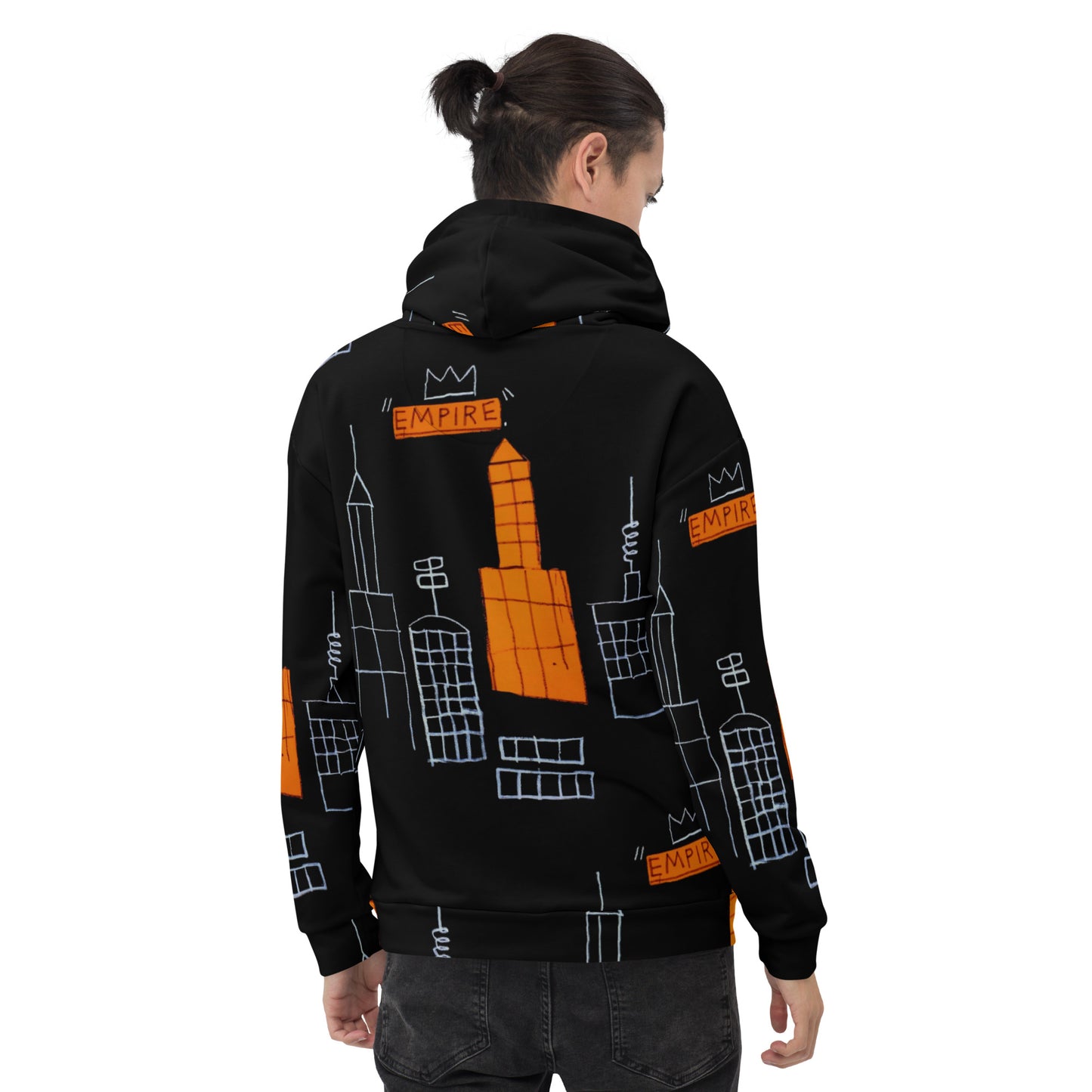 Jean-Michel Basquiat "Mecca" Artwork All Over Printed Black and Orange Sweatshirt Hoodie Scattered Streetwear