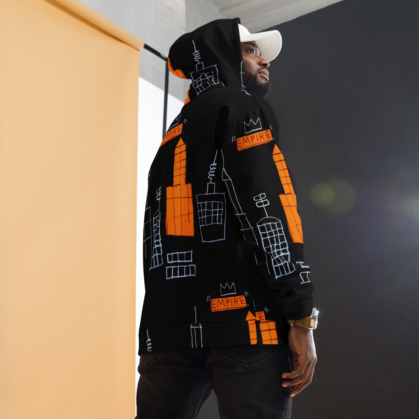 Jean-Michel Basquiat "Mecca" Artwork All Over Printed Black and Orange Sweatshirt Hoodie Scattered Streetwear