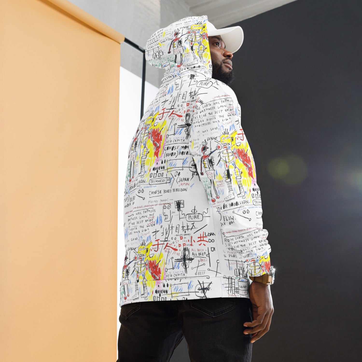 Jean-Michel Basquiat "Boxer Rebellion" Artwork All Over Printed White Sweatshirt Hoodie Scattered Streetwear