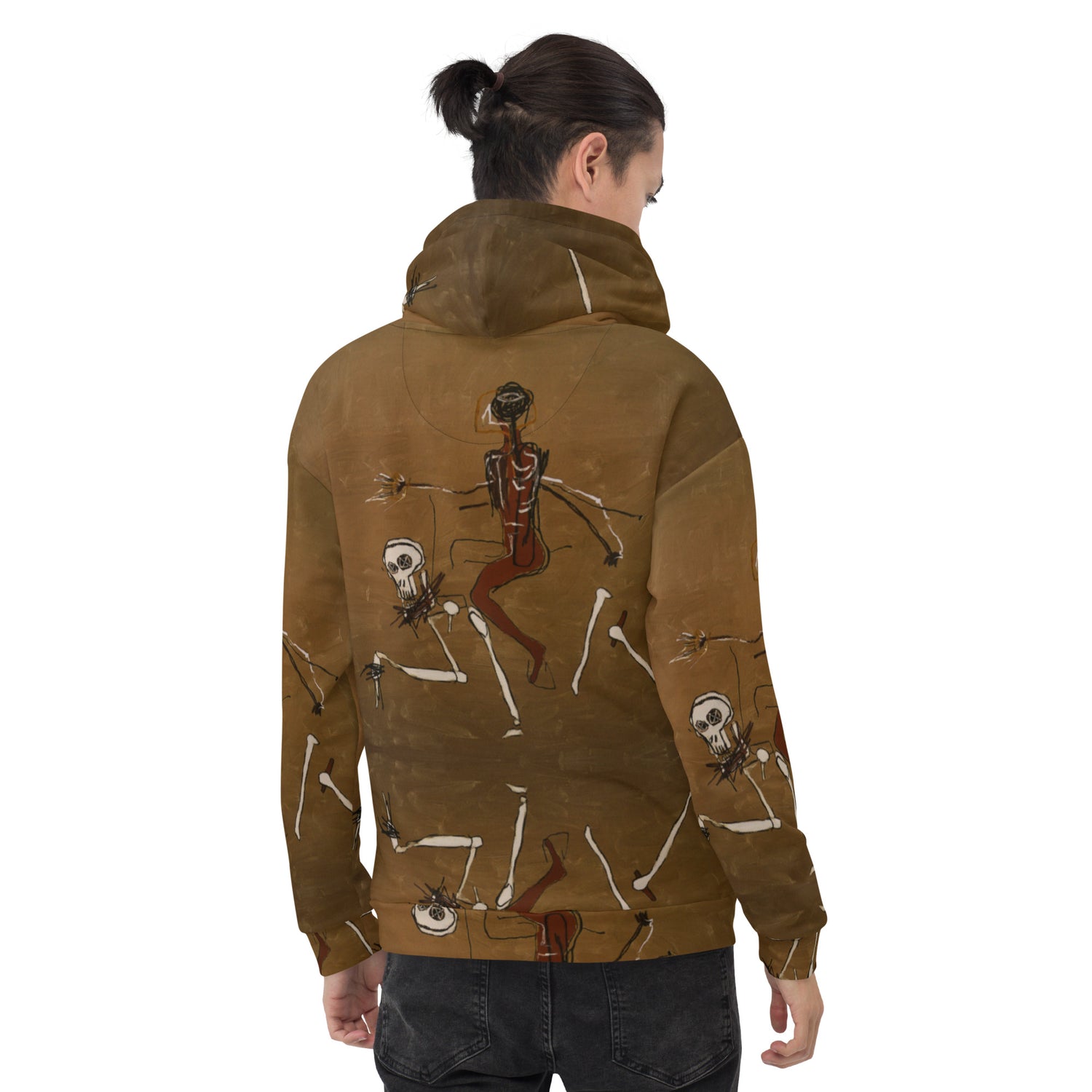 Jean-Michel Basquiat "Riding With Death" Artwork All Over Printed Brown Sweatshirt Hoodie Scattered Streetwear