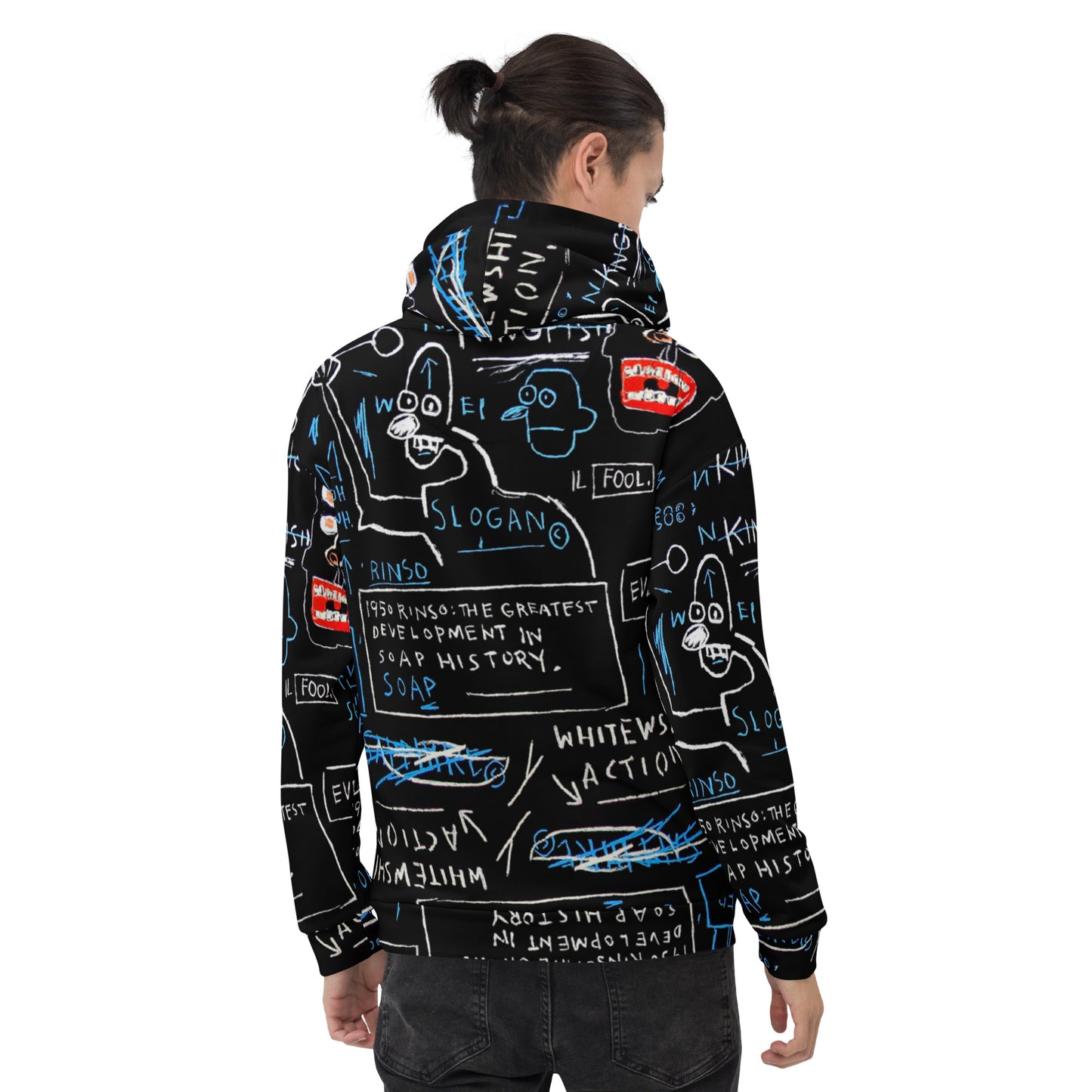 Jean-Michel Basquiat "Rinso" Artwork All Over Printed Black and Blue Sweatshirt Hoodie Scattered Streetwear