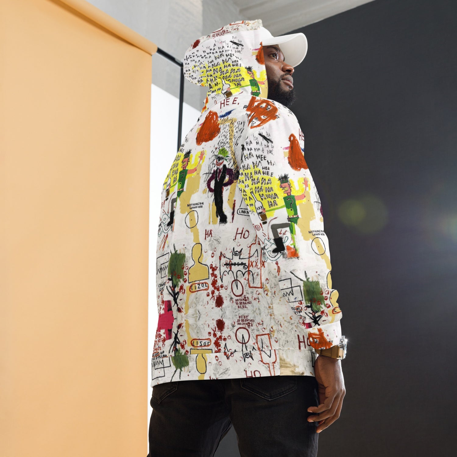 Jean-Michel Basquiat "Riddle Me This Batman" Artwork All Over Printed White Sweatshirt Hoodie Scattered Streetwear