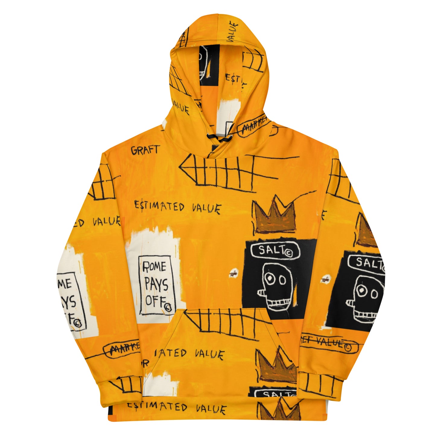Jean-Michel Basquiat "Rome Pays Off" Artwork Printed Sweatshirt Orange Hoodie Scattered Streetwear