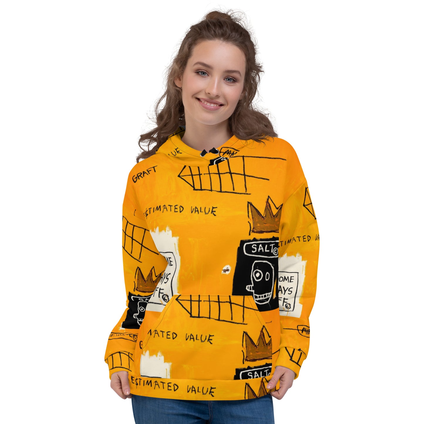 Jean-Michel Basquiat "Rome Pays Off" Artwork Printed Sweatshirt Orange Hoodie Scattered Streetwear