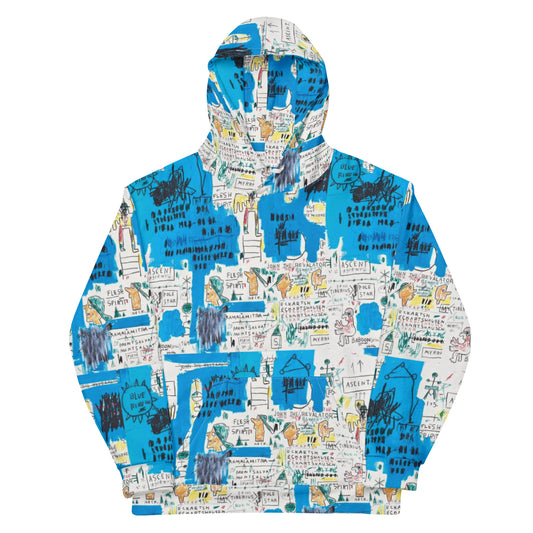 Jean-Michel Basquiat "Ascent" Artwork All Over Printed White and Blue Sweatshirt Hoodie Scattered Streetwear