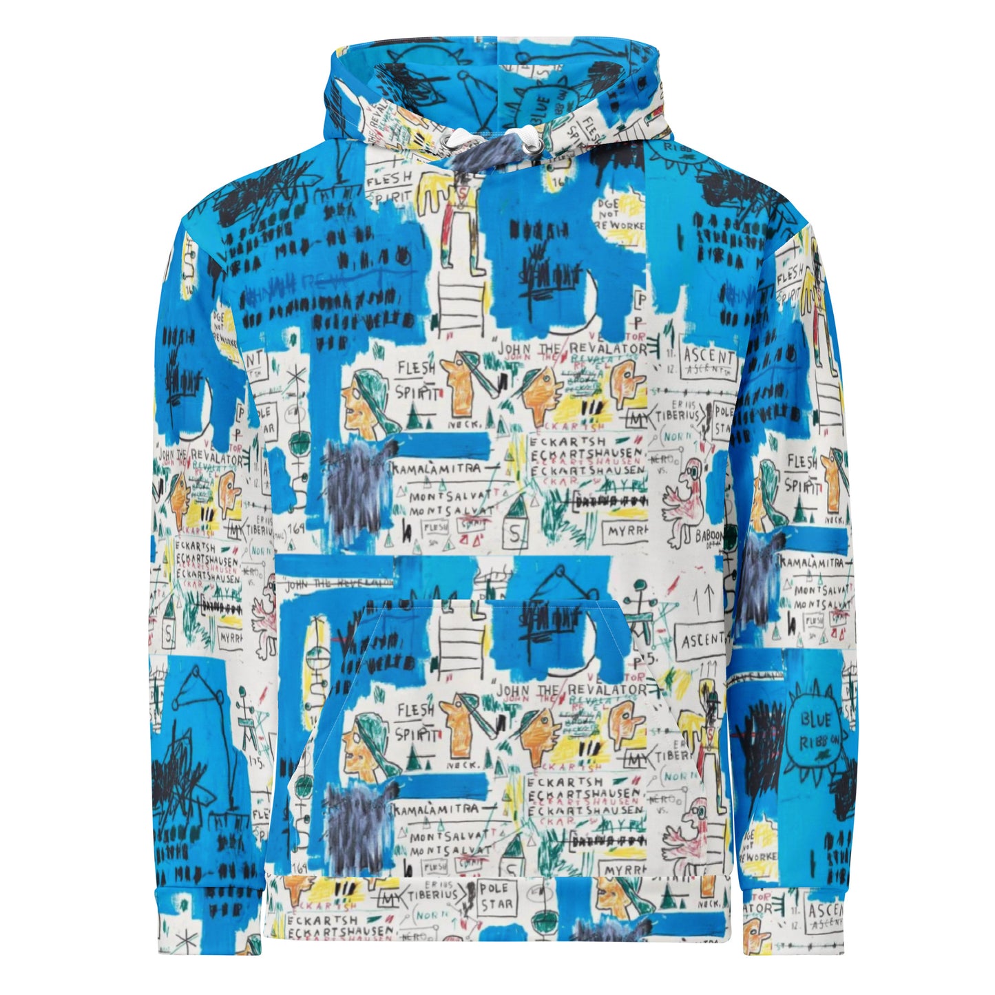Jean-Michel Basquiat "Ascent" Artwork All Over Printed White and Blue Sweatshirt Hoodie Scattered Streetwear