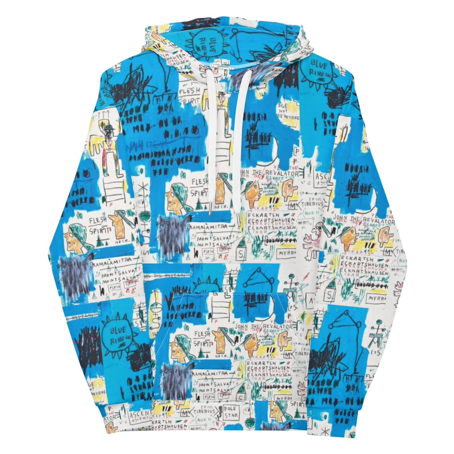 Jean-Michel Basquiat "Ascent" Artwork All Over Printed White and Blue Sweatshirt Hoodie Scattered Streetwear
