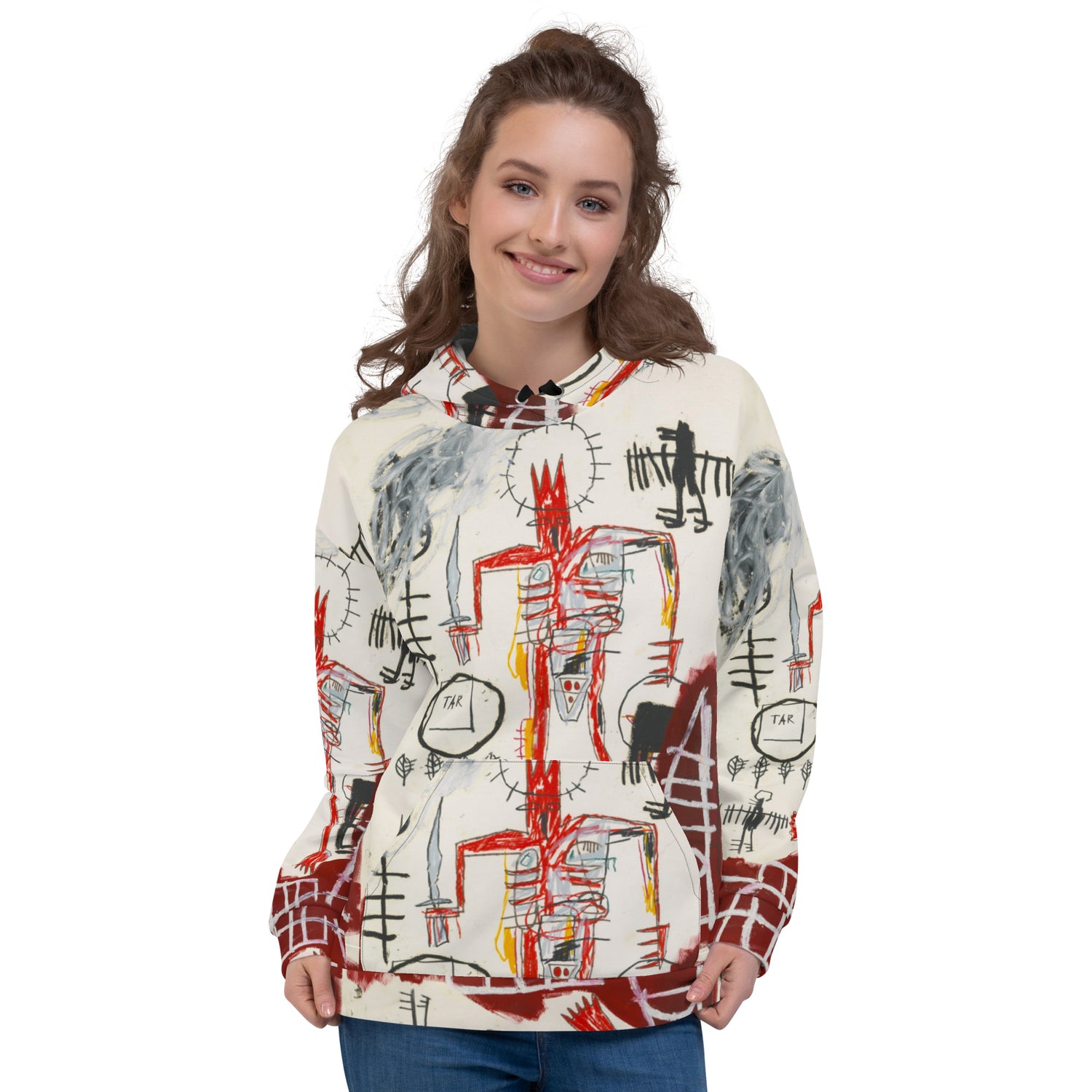 Jean-Michel Basquiat "Untitled" Artwork All Over Printed White and Red Sweatshirt Hoodie Scattered Streetwear