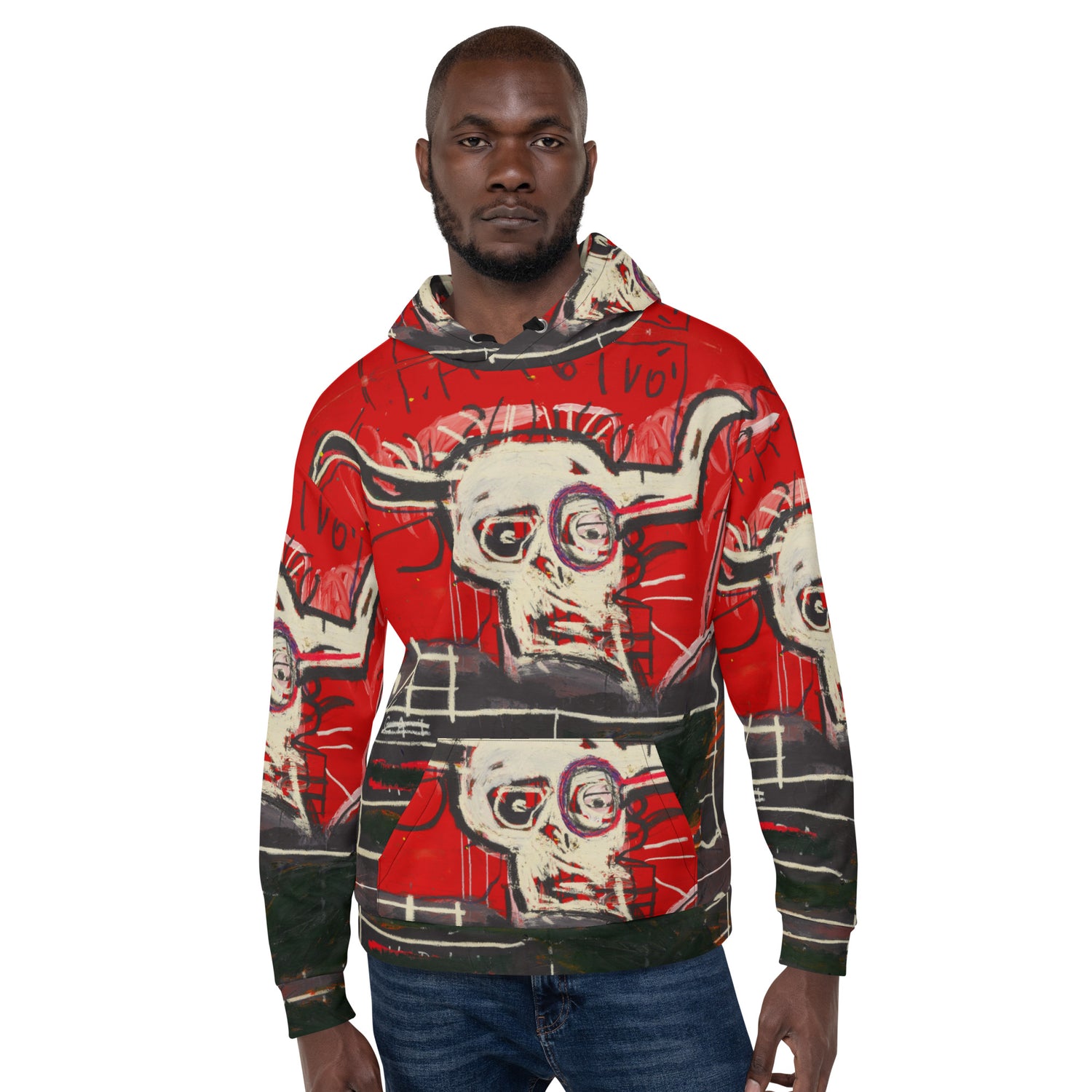 Jean-Michel Basquiat "Cabra" Artwork All Over Printed Red and Black Sweatshirt Hoodie Scattered Streetwear