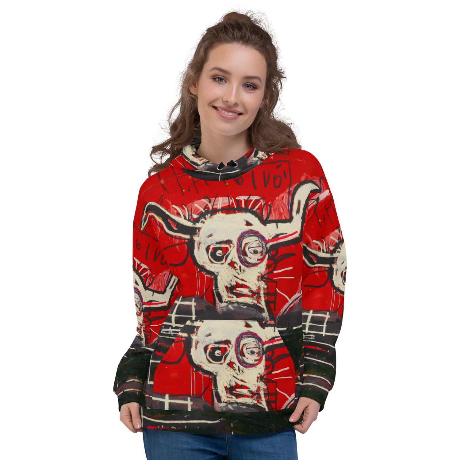 Jean-Michel Basquiat "Cabra" Artwork All Over Printed Red and Black Sweatshirt Hoodie Scattered Streetwear