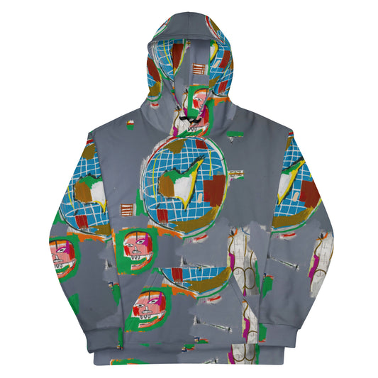 Jean-Michel Basquiat "At Large" Globe Artwork All Over Printed Grey Sweatshirt Hoodie Scattered Streetwear