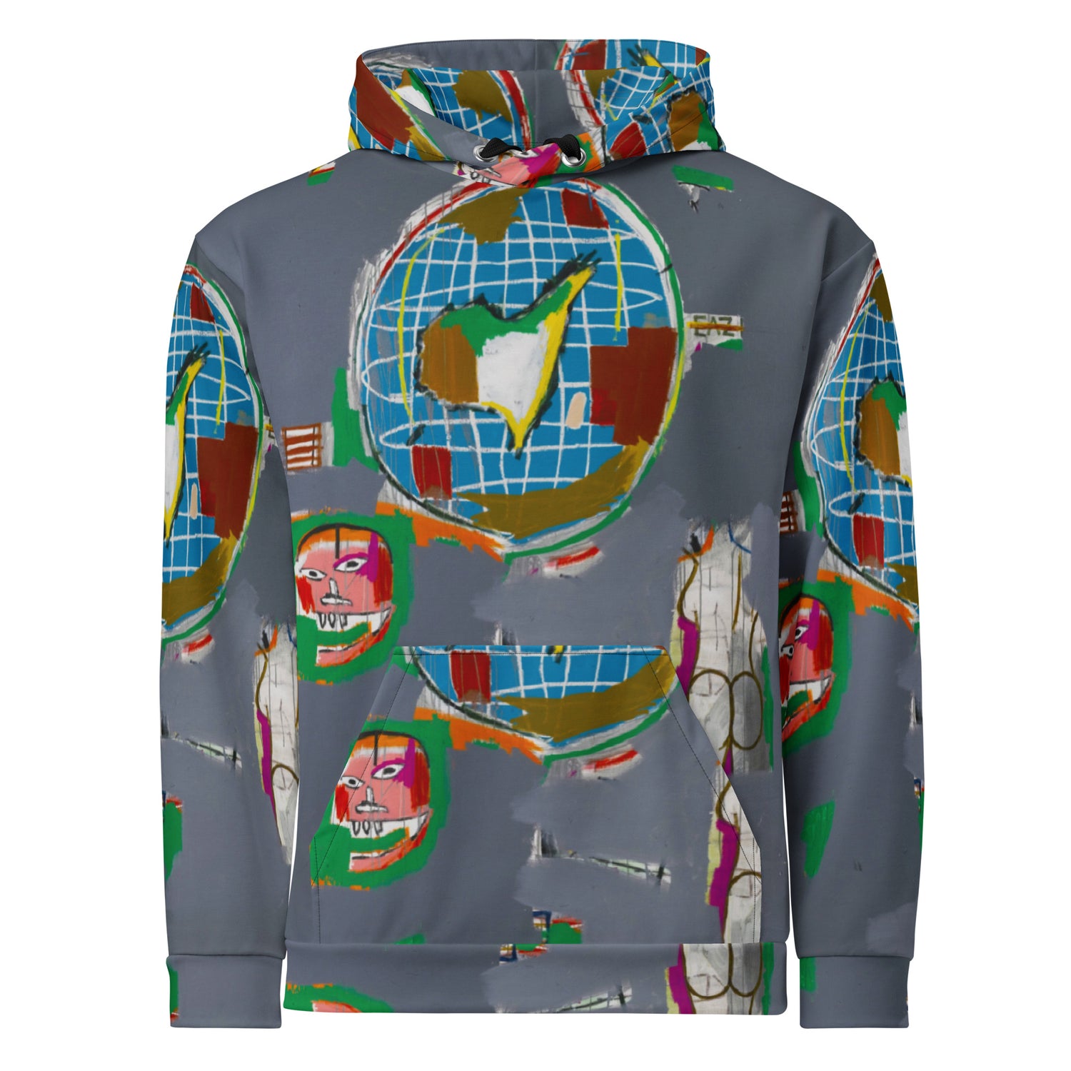 Jean-Michel Basquiat "At Large" Globe Artwork All Over Printed Grey Sweatshirt Hoodie Scattered Streetwear