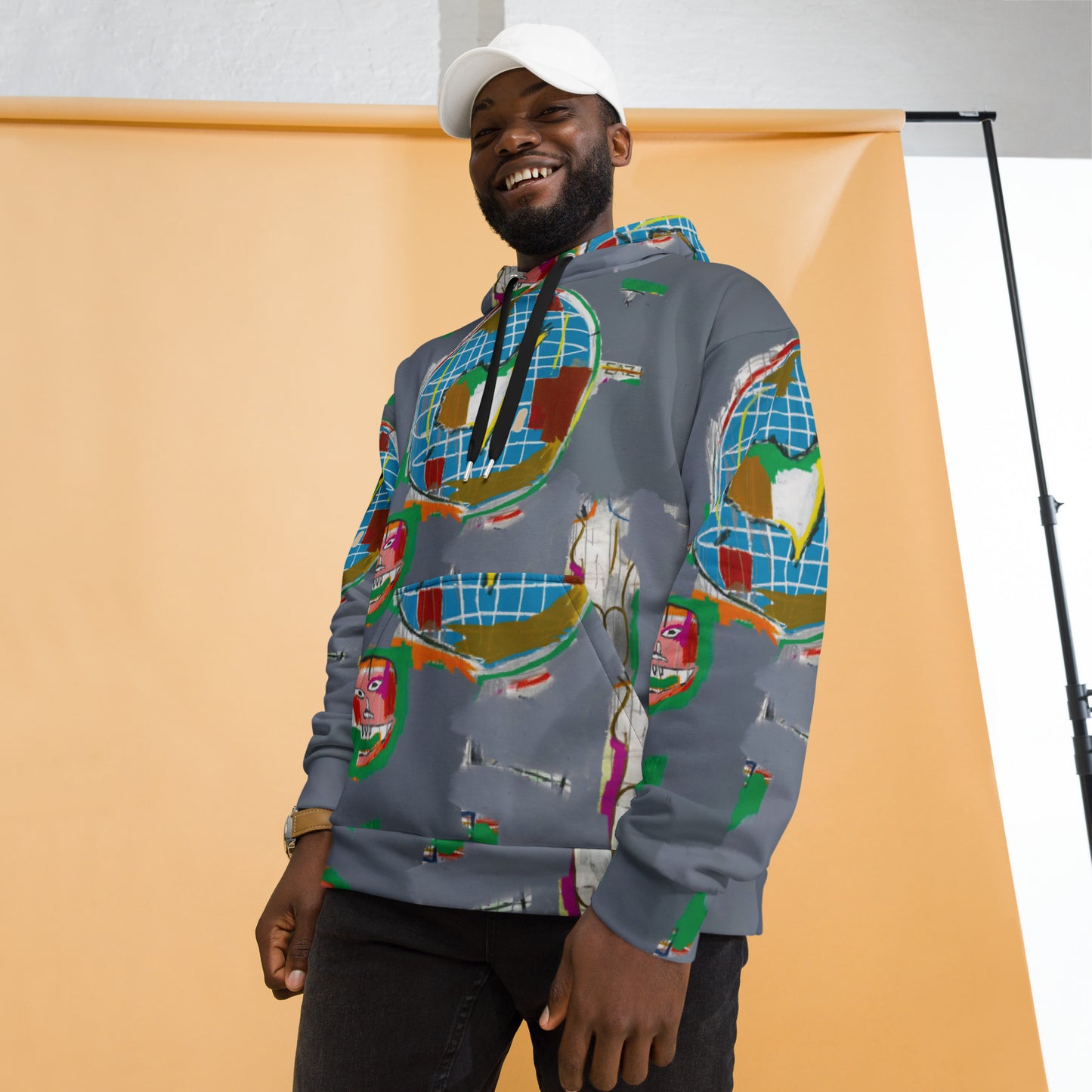 Jean-Michel Basquiat "At Large" Globe Artwork All Over Printed Grey Sweatshirt Hoodie Scattered Streetwear