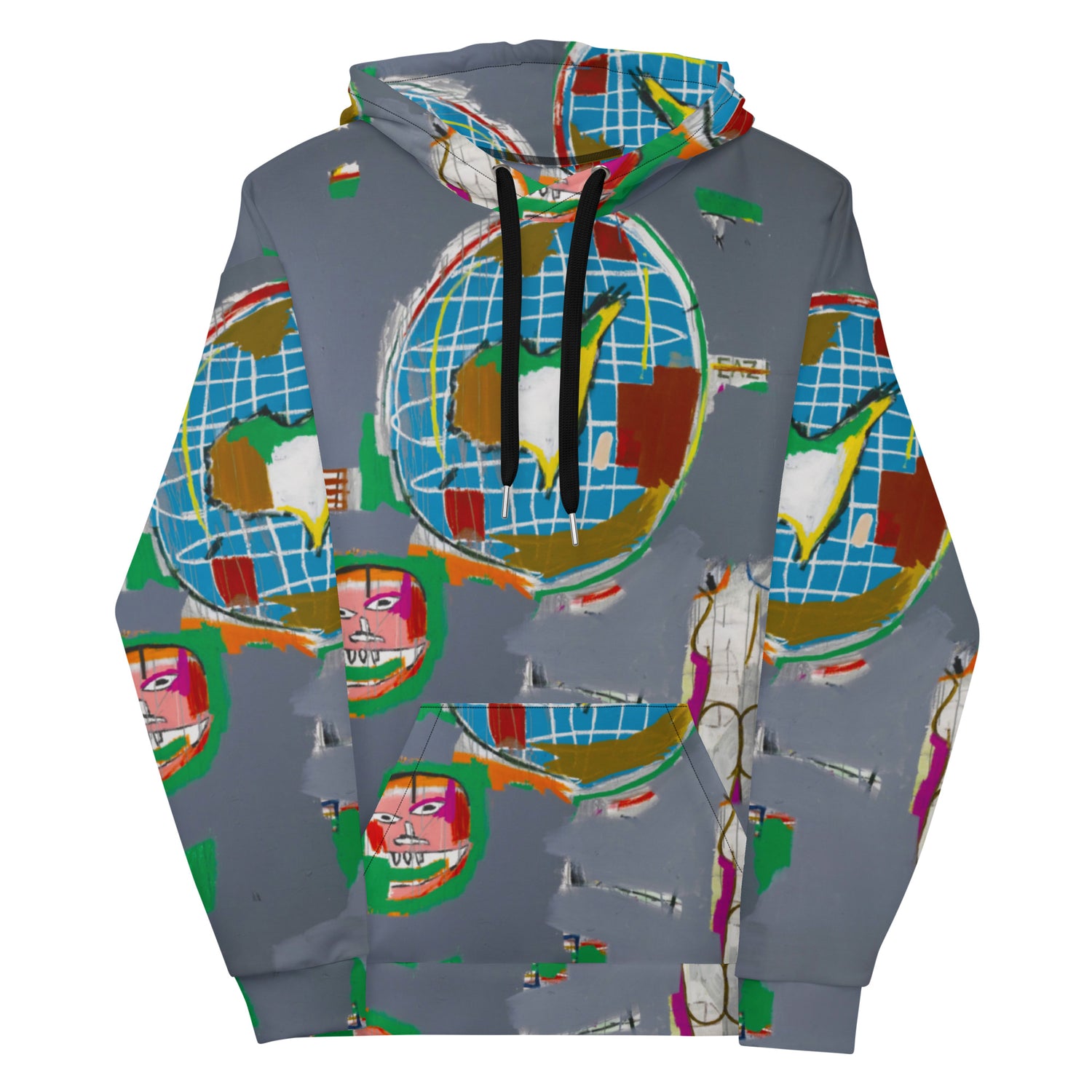 Jean-Michel Basquiat "At Large" Globe Artwork All Over Printed Grey Sweatshirt Hoodie Scattered Streetwear