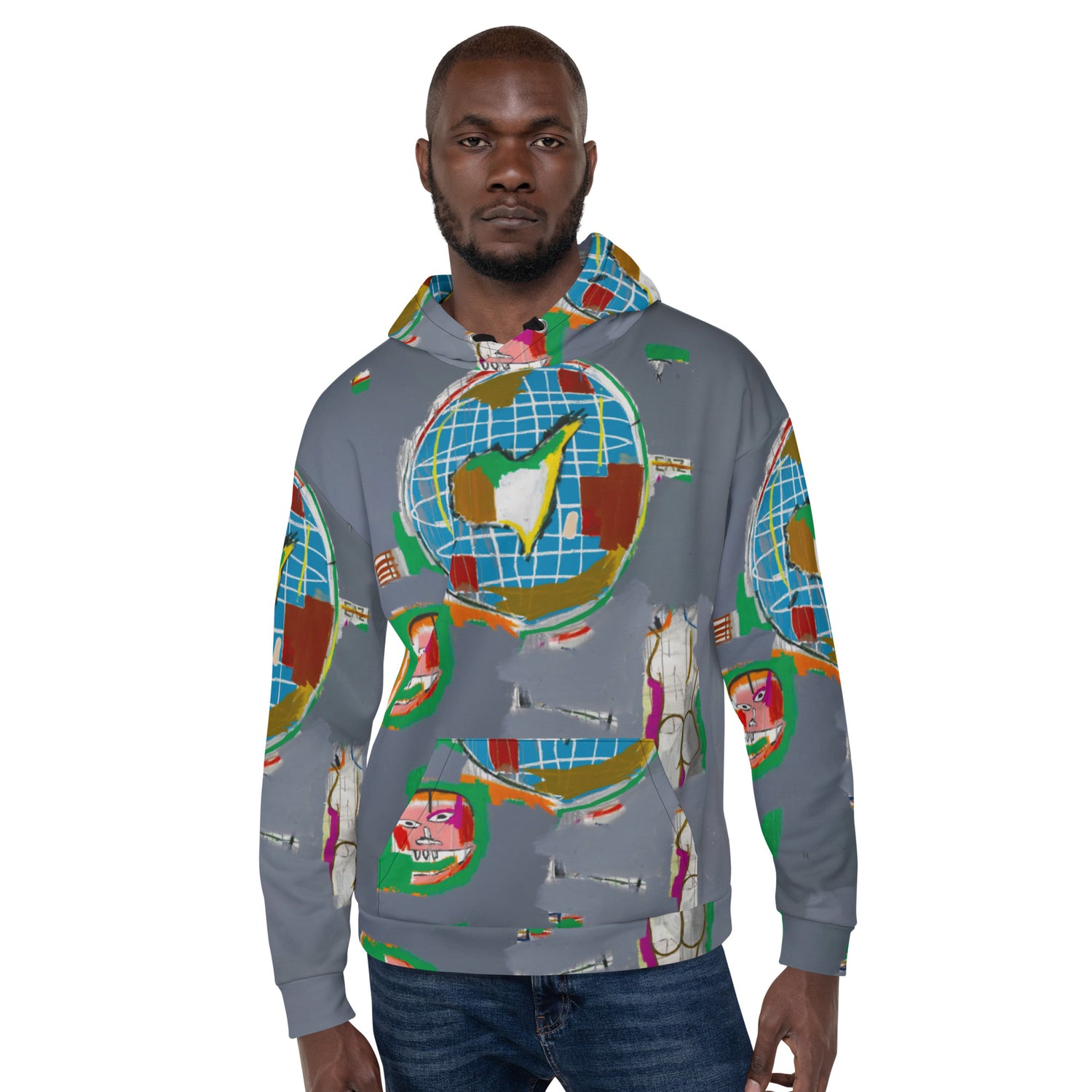 Jean-Michel Basquiat "At Large" Globe Artwork All Over Printed Grey Sweatshirt Hoodie Scattered Streetwear