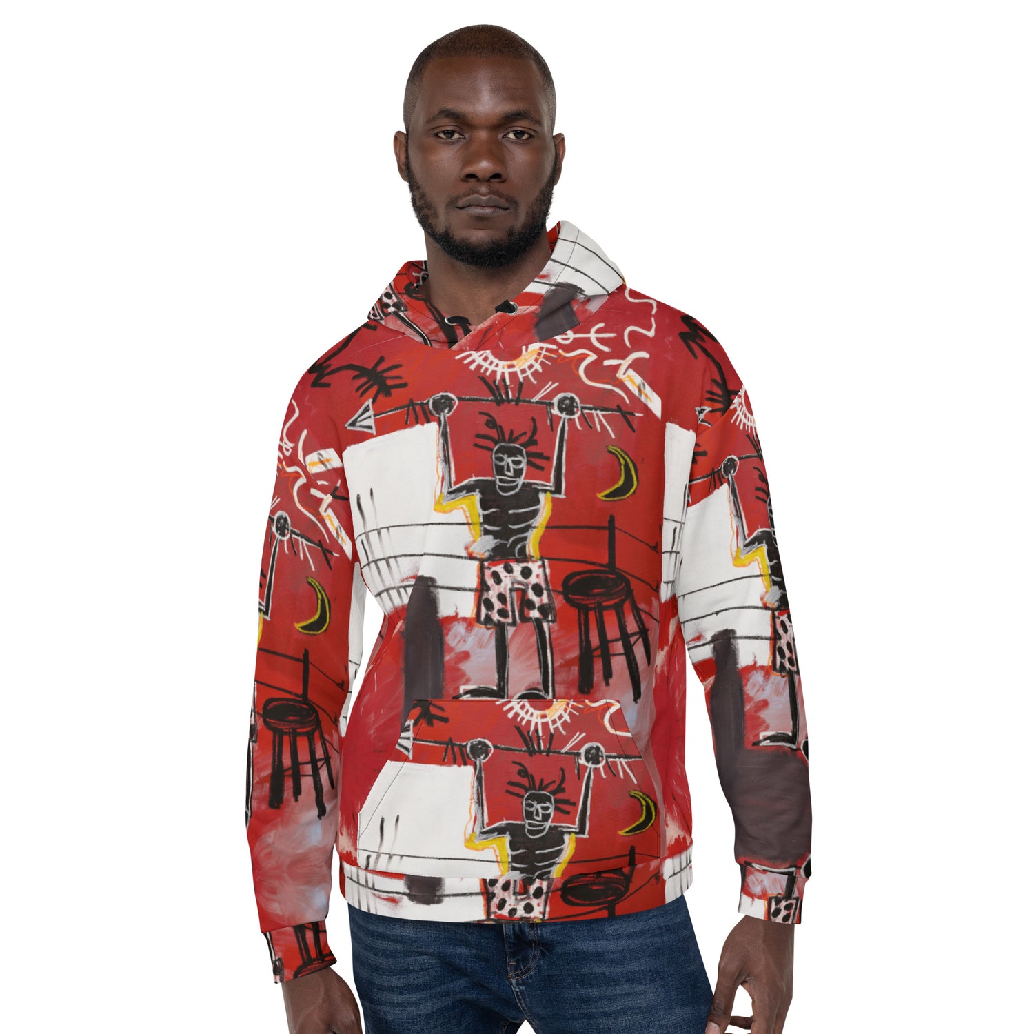 Jean-Michel Basquiat "The Ring" Artwork All Over Printed Red and Black Sweatshirt Hoodie Scattered Streetwear