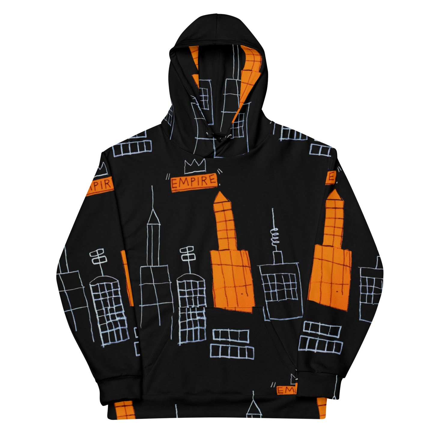 Jean-Michel Basquiat "Mecca" Artwork All Over Printed Black and Orange Sweatshirt Hoodie Scattered Streetwear
