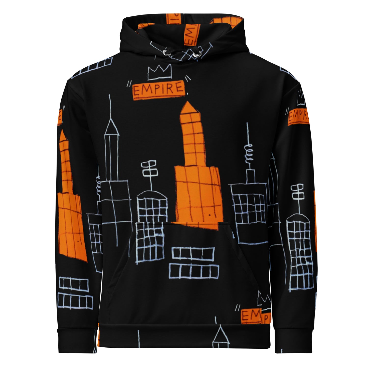 Jean-Michel Basquiat "Mecca" Artwork All Over Printed Black and Orange Sweatshirt Hoodie Scattered Streetwear