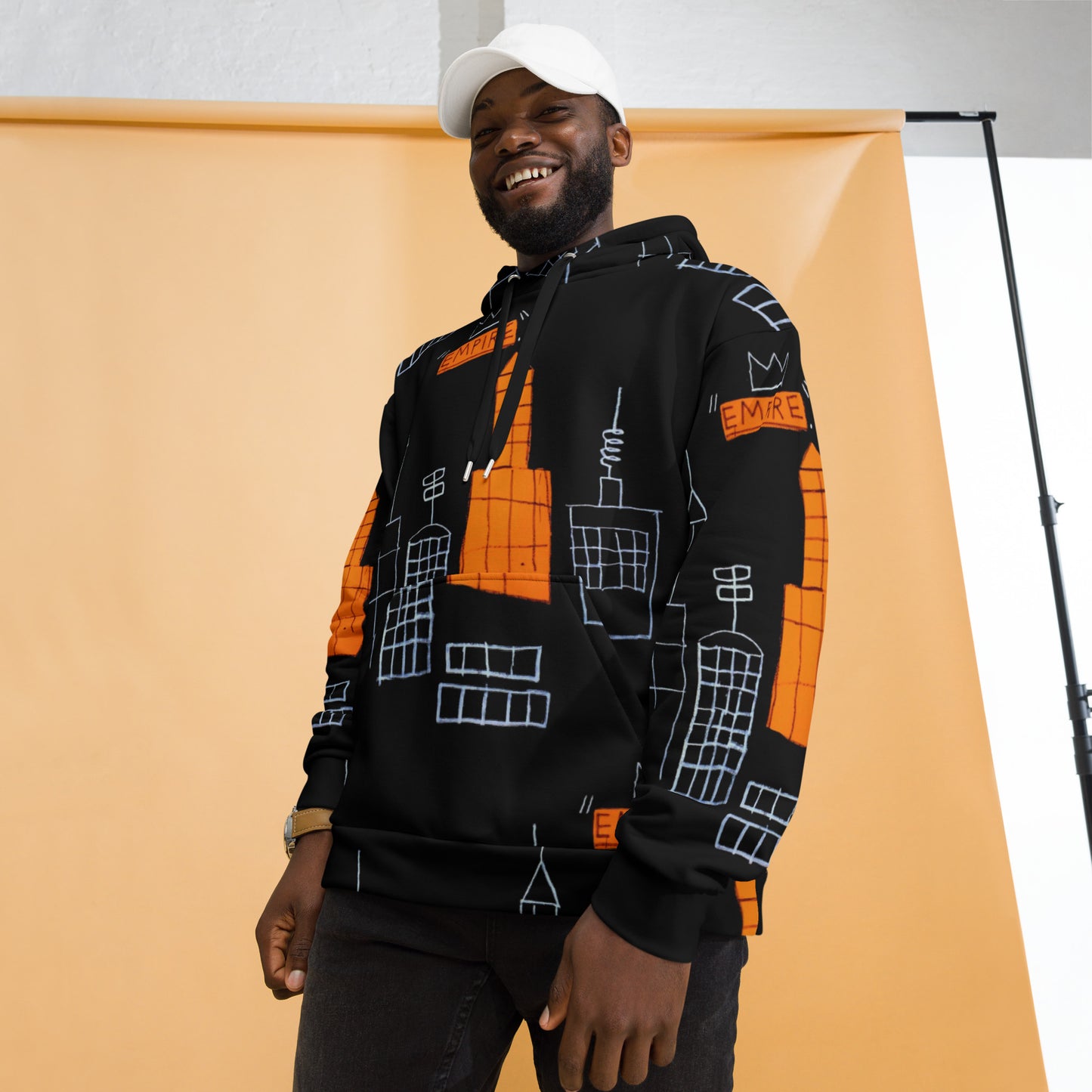 Jean-Michel Basquiat "Mecca" Artwork All Over Printed Black and Orange Sweatshirt Hoodie Scattered Streetwear
