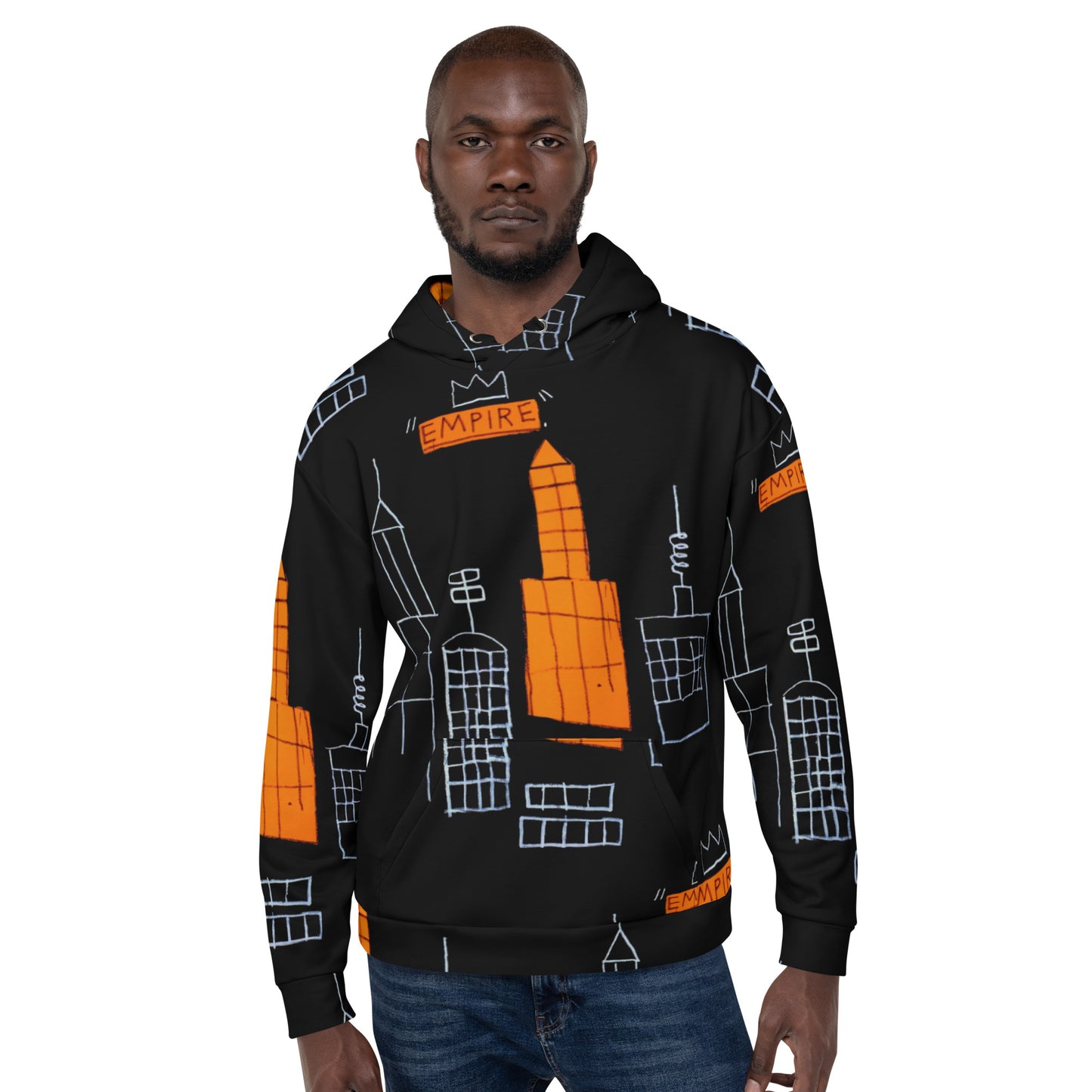 Jean-Michel Basquiat "Mecca" Artwork All Over Printed Black and Orange Sweatshirt Hoodie Scattered Streetwear