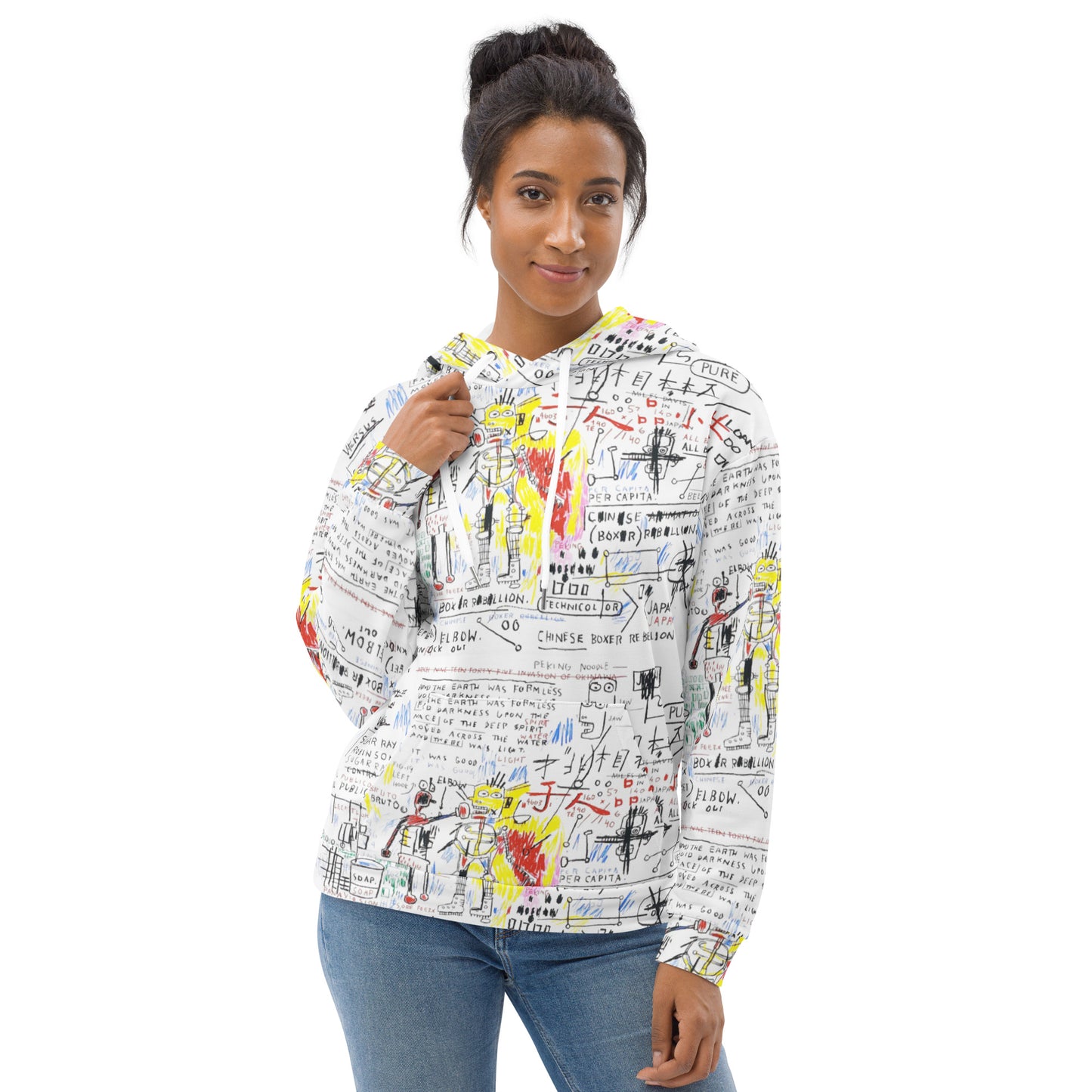 Jean-Michel Basquiat "Boxer Rebellion" Artwork All Over Printed White Sweatshirt Hoodie Scattered Streetwear